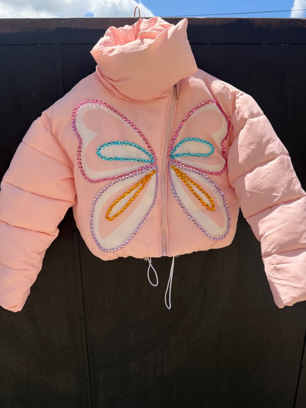 Lola + The Boys Pastel Pink Butterfly magic Sequin Puffer Jacket - Picture 6 of 9